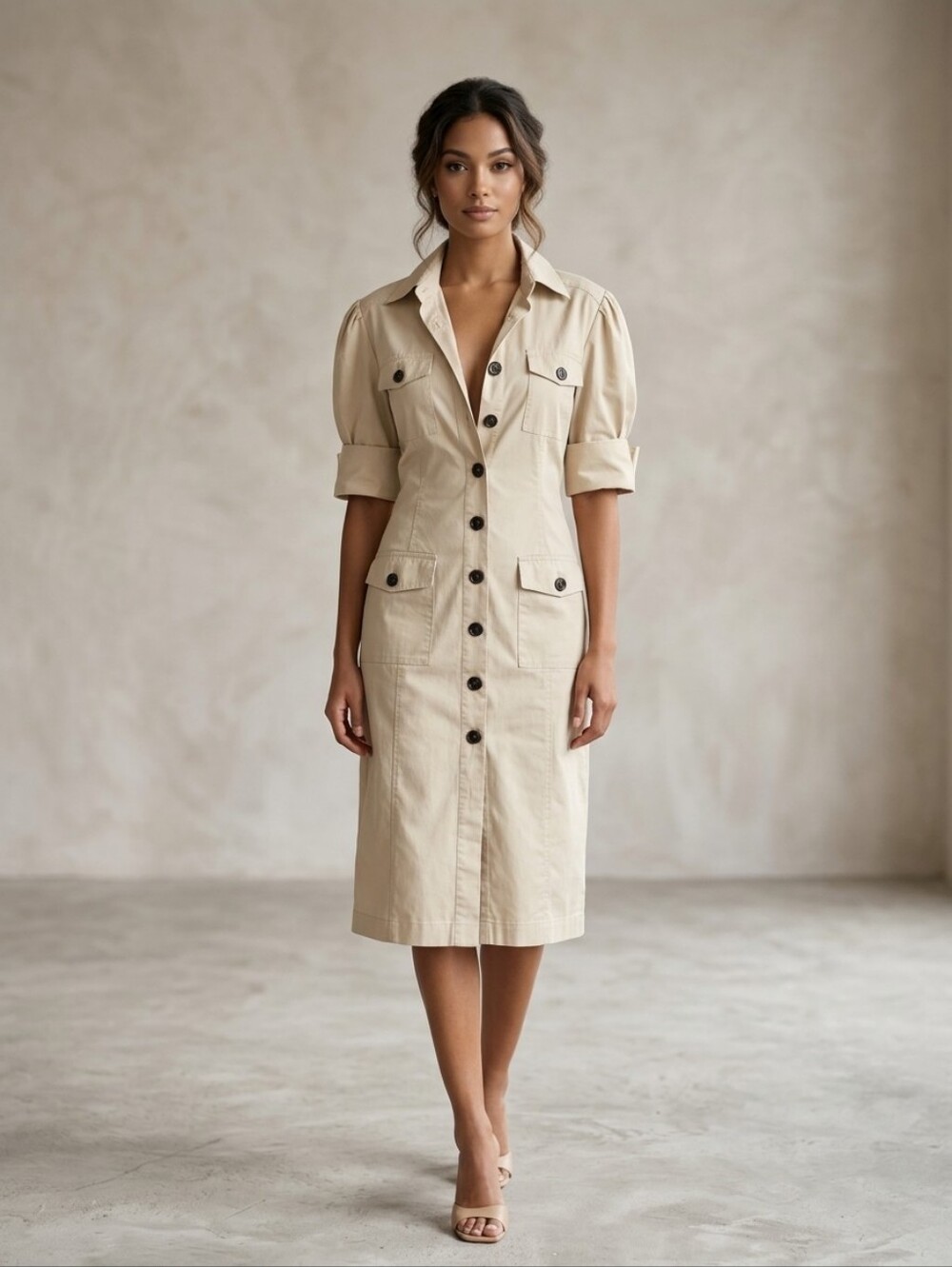 Women's Beige Sand Button-Front Trench Utility Shirt Dress Cotton Medium